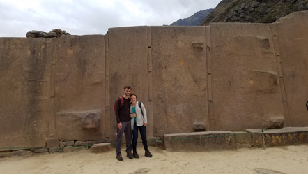 Emily and I in front of the Wall of the Six Monoliths. There is the beginning of an Incan cross to our right.