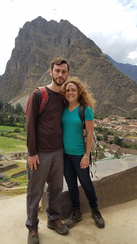 Emily and I at the ruins with Ollantaytambo and Pincuiluna Mountain behind us