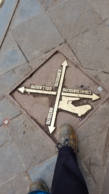 A sidewalk marker pointing to the four ends of the Incan empire and the four main Incan trails.